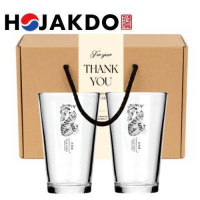 한국전통 까치와 호랑이 호작도 샤이닝 글라스컵 480ml 2P 선물세트